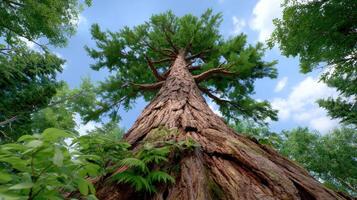 Majestic Redwood Tree Reaching for the Sky in a Lush Forest A View from Below Showing the Immense Trunk and Canopy photo