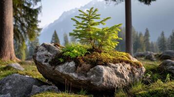 Young Pine Tree Growing on Mossy Rock in Mountain Forest Nature Scene photo
