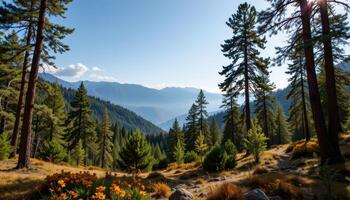 Majestic Mountain Vista Serene Forest Landscape with towering pines and wildflowers photo