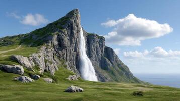 Majestic Waterfall Cascading Down a Verdant Mountainside near the Ocean photo