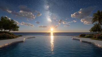 Stunning Sunset over Ocean Infinity Pool Tropical Paradise Relaxing Vacation Scene photo