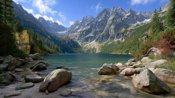 Serene Mountain Lake in Autumn Stunning View of Crystal Clear Water and Majestic Peaks photo