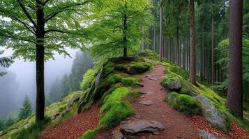 Serene Forest Path Mossy Rocks and Trees in Misty Woods A tranquil hiking trail winds through a lush green forest photo