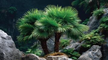 Lush Green Palm Trees Flourishing Amidst Rocky Terrain in a Serene Natural Setting photo