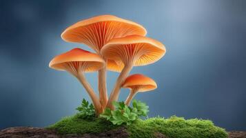 Vibrant Orange Mushrooms Growing on Lush Green Moss Against a Deep Blue Background A Stunning Nature Image photo
