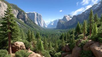 Majestic Yosemite Valley Breathtaking View of Towering Granite Cliffs and Lush Evergreen Forest photo