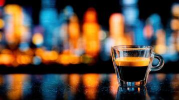 Single Espresso Shot in Glass Cup at Bar Night Setting Warm Lights Background photo