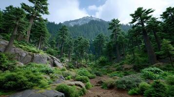 Majestic Mountain View Serene Forest Trail with Lush Greenery and Towering Evergreens photo