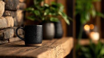 Dark speckled mug on rustic wooden shelf with blurred plants background peaceful morning coffee concept photo
