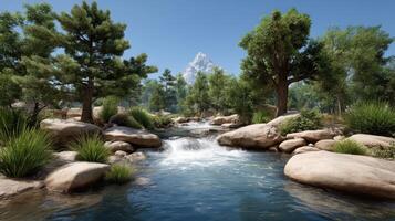 Serene Mountain Stream Flowing Through Lush Green Forest Landscape Crystal clear water cascades over rocks photo