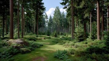 Serene Sunlight Filtering Through Tall Pine Trees in a Lush Green Forest photo