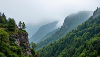 Mountaintop House Scenic View Misty Mountain Range with Lush Green Forest and Cliffside Cabin photo
