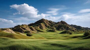 Serene Rolling Hills Landscape under a Sunny Sky Breathtaking Mountain View with Lush Green Grass photo
