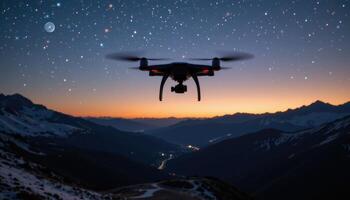 Drone Flying over Snowy Mountain Range at Night Under a Starry Sky photo