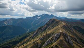 Majestic Mountain Ridge Trail Winding Through Scenic Landscape A Breathtaking Panorama of Rolling Hills and Peaks photo