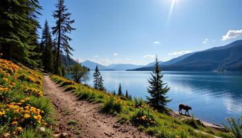 Serene Lakeside Trail Picturesque Hiking Path with Wildflowers and Mountain Views photo