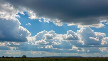 Dramatic Cumulus Clouds over a Serene Green Field Bright Sunlight Breaking Through photo