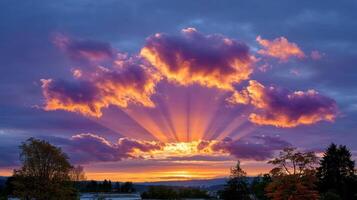 Breathtaking Sunset with Crepuscular Rays Illuminating Colorful Clouds over Trees photo