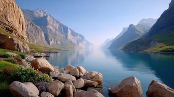 Serene Mountain Lake Landscape Breathtaking View of Crystal Clear Water Surrounded by Majestic Cliffs photo