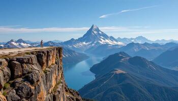 Adventurous Person Standing on a Cliff Overlooking Stunning Mountain Lake and Majestic Peaks photo