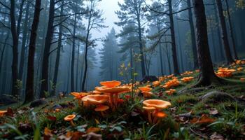 Enchanting Orange Mushrooms in a Misty Forest Autumnal Wonderland Scene photo