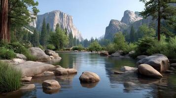 Serene River Flowing Through Majestic Yosemite Valley Landscape Calm Water Reflects Mountains and Trees photo
