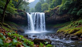 Serene Waterfall Cascading Through Lush Green Forest Landscape Discover Nature's Beauty photo