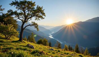 Majestic Sunrise Over Mountain Valley Scenic Landscape with Tree Grass and River photo