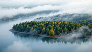Serene Autumnal Island Lake Mist Breathtaking Aerial View of Colorful Trees Reflected in Calm Water photo