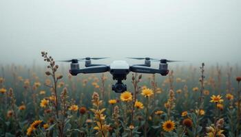 Drone flying over a foggy field of wildflowers in the early morning Aerial technology in nature photo