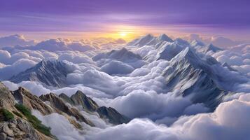 Majestic snow capped mountains rise above a sea of fluffy clouds at sunset creating a breathtaking panoramic view photo