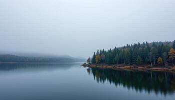 Serene Autumn Lake Misty Forest Reflection in Calm Water Peaceful Nature Scene photo
