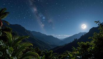 Serene Night in Tropical Mountains Full Moon and Starry Sky over Lush Foliage photo