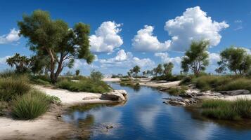 Serene Oasis Calm River Winding Through Lush Green Landscape Under a Sunny Sky photo