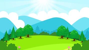 Sunny Day In A Green Plain with clouds, trees, and mountain video