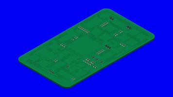 Isometric electronic board animation with USA flag. Isometric printed circuit board with electronic components. Electronic components and integrated circuit board. 4K animation. video