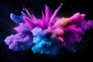 Colorful powder exploding, creating a vibrant cloud of colors on black background photo