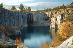 Serene quarry lake surrounded by cliffs and trees photo