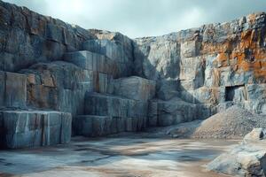 Granite quarry showing stone blocks and rock face in cloudy day photo