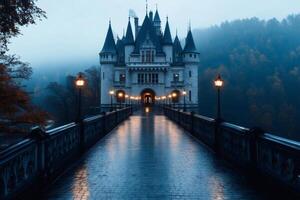 Mesmerizing view of a fairytale castle reflecting on a wet bridge at dawn photo