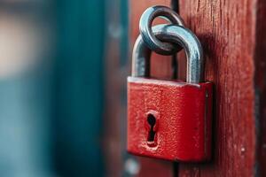 Red padlock securing wooden door symbolizing privacy and safety photo