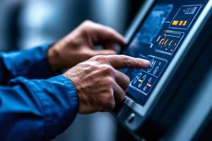 Industrial worker operating modern touchscreen control panel in factory setting photo