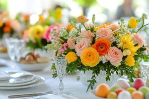 Easter table setting decorated with colorful flowers and eggs photo