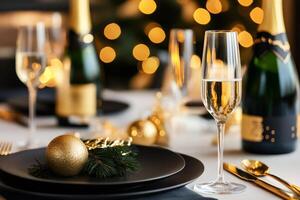 Elegant christmas table setting with champagne and festive decorations photo