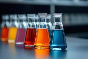 Flasks containing colorful chemical liquids standing on table in laboratory photo