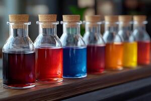 Colorful liquid in small glass bottles with cork lids creating a rainbow effect on wooden surface photo