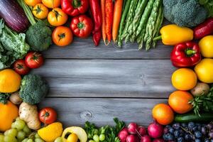 Fresh fruits and vegetables creating a frame on rustic wooden table photo