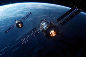Two satellites orbiting earth, exploring the vastness of space photo