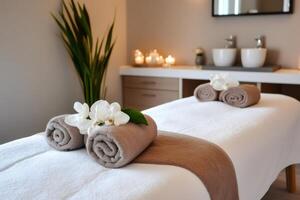 Massage table prepared with towels and orchids in modern spa room photo