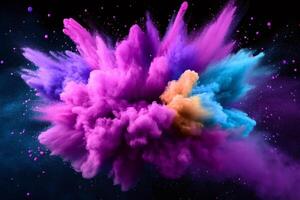 Colorful powder exploding, creating a vibrant cloud on black background photo